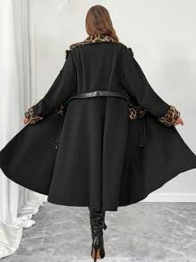 Celure Plus Size Vrouwen Luipaard Print Patchwork Parel Gesp Taille Riem Elegante Herfst/Winter Jas