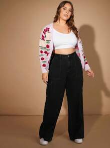 SHEIN EZwear Plus Size Damskie Zniszczone Czarne Proste Nogawki Jeansowe Z Kieszeniami