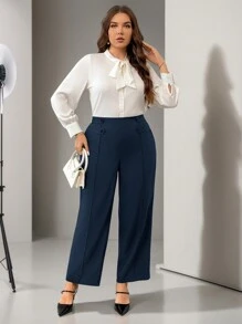 Firerie Pantalones rectos elegantes de pierna en forma de palillo con diseño de botón en la cintura para mujeres de talla grande de un solo color