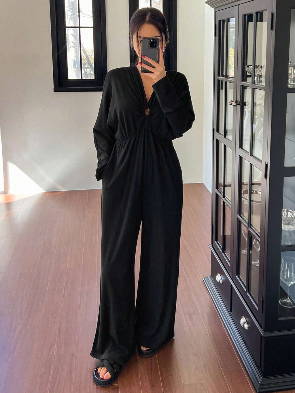 Women's Long Sleeve Pleated Hollow-Out Design Waist Cinched Jumpsuits, Loungewear Pajama