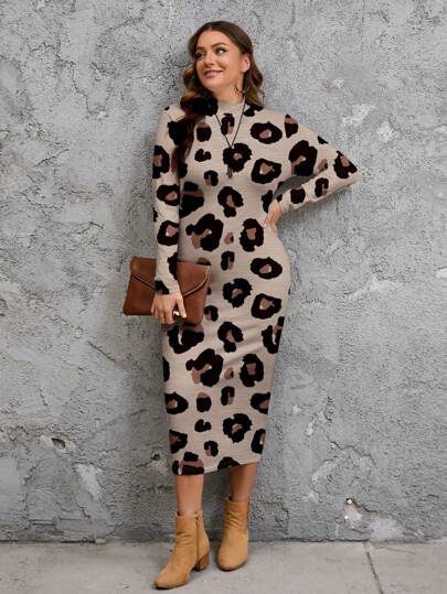 SHEIN LUNE Plus Size Casual Simple Leopard Spotted Texture Pattern Print Long Sleeve Fit & Flare Dress, Suitable For Autumn/Winter Chic Dress