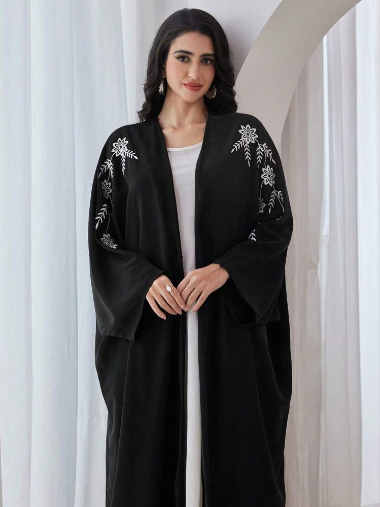عبايه طويلة الأكمام مطرزة بزهور أنيقة قطعة واحدة، جلابيات بسيطة موديسة مفتوحة، للاستخدام اليومي والحفلات