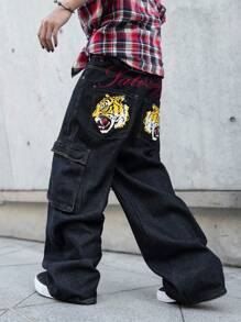 Manfinity EMRG Pantalones casuales con tirantes de tela vaquera y estampado, minimalistas y de moda para uso diario