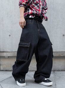 Manfinity EMRG Pantalones casuales con tirantes de tela vaquera y estampado, minimalistas y de moda para uso diario