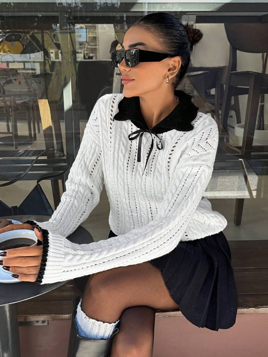 EURMUSE Women Polo Neck Contrast Trim Sweater Pullover - White - View 1