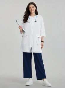TaskEZ Plus Size Women's Solid Color Round Neck 3/4 Sleeve Utility Pocket Casual /Nursing Uniform Jacket  Laboratory Coat/White Coat Women's Solid Color Flat Collar Button Front Long Sleeve Pockets Regular Jacket, Lab Coats Set Scrub Set Nurse Dresses Scrub Tops Scrub Bottoms Lab Coats Scrub Outwear