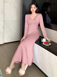DAZY Women Slim Fit V-Neck Hollow Out Design Long Sleeve Casual Dress