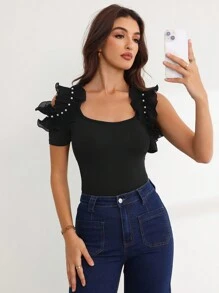 SHEIN Privé Fitting shirt Met Franjestrim Vierkante hals En Uitgeholde
