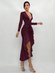 Aloruh Women's Deep V Neck Ruched Waist Ruffle Hem Elegant Slim Fit Dress,Summer Dresses For Women