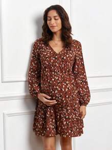 SHEIN Vestido corto de manga larga con escote en V y estampado completo de moda para embarazadas