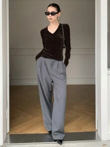 DAZY Camiseta ajustada de manga larga, cuello en V de terciopelo, unicolor, elegante, para otoño