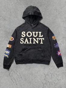 Manfinity EMRG Men's Letter Print Pocket Hooded Sweatshirt - Black - View 1