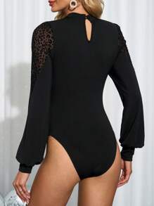 SHEIN Clasi Bộ đồ liền thân bó sát cổ cao tay dài họa tiết da báo cho nữ mùa thu/đông dài tay màu đen cổ lọ - màu đen - Xem 2