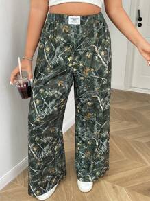 SHEIN EZwear Plus Size Maple Leaf Print Loose Straight Leg Sweatpants - Multicolor - View 6