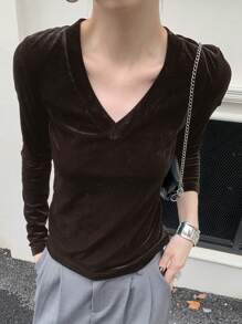 DAZY Camiseta ajustada de manga larga, cuello en V de terciopelo, unicolor, elegante, para otoño