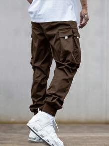 Manfinity EMRG Pantalones cargo para hombres con gráfico de lema, bolsillo con solapa y cintura con cordón