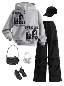 SHEIN Tween Girl 超大肖像和口号印花连帽衫和阔腿裤 2 件套，适合秋冬季 - 淺灰色 - 查看 4