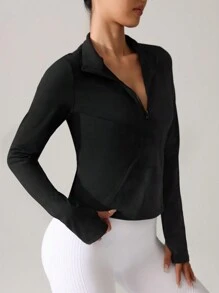 SHEIN Women Zip Front Long Sleeve Simple Active Casual Jacket, Sports & Yoga - Black - View 5