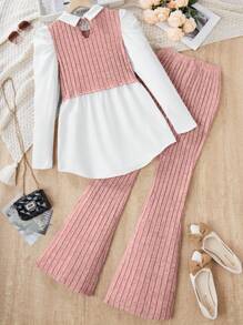2pcs/Set Teen Girl Ribbed Shirt And Ribbed Elastic Waist Flare Pants Set