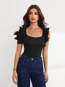 SHEIN Privé Fitting shirt Met Franjestrim Vierkante hals En Uitgeholde
