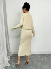 Chiquease 2pcs/Set Solid Front Button Long Sleeve Top And Skirt Knit Set