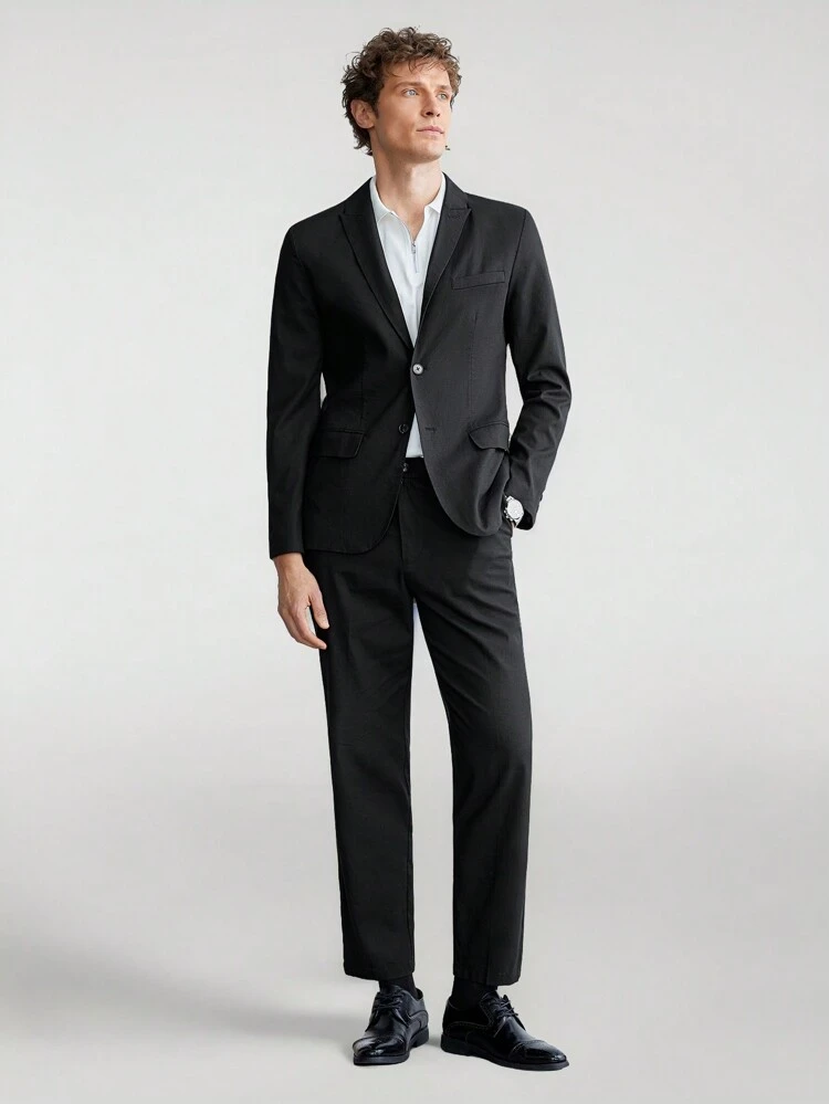 Men Solid Color Woven Flat Collar Single Breasted Suit Jacket And Suit Pants Casual Suit Set