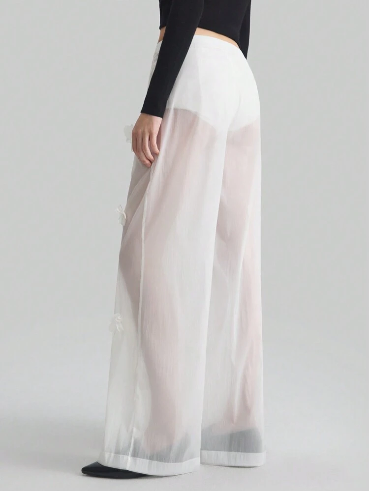 Women's Elegant Handmade 3D White Flower Summer Vacation Semi-Transparent Straight-Leg Pants,French Chic Modern Ladies' Fashionable Long Trousers