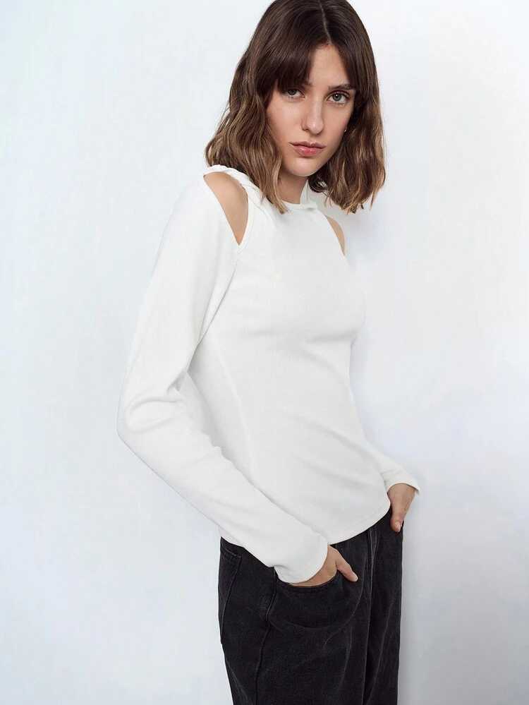 SHEIN Maija Women's White Casual Solid Color Twist Cutout Off Shoulder Long Sleeve T-Shirt Top, Versatile For Autumn/Winter