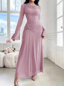 Modelyn Dusty Pink Women Solid Color Asymmetrical Collar Long Sleeve Dress, Elegant Long Evening Dresses Dinner Autumn - Pink - View 3