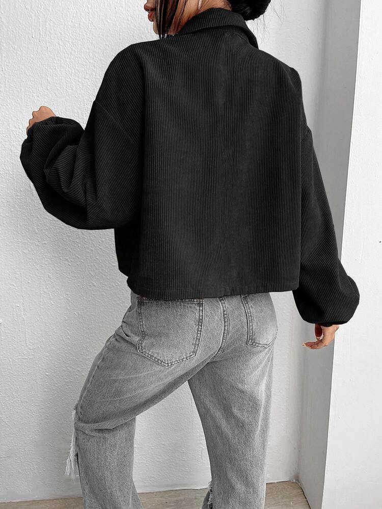 Flap Pocket Drop Shoulder Crop Jacket Without Cami Top In Fall/Winter,Casual