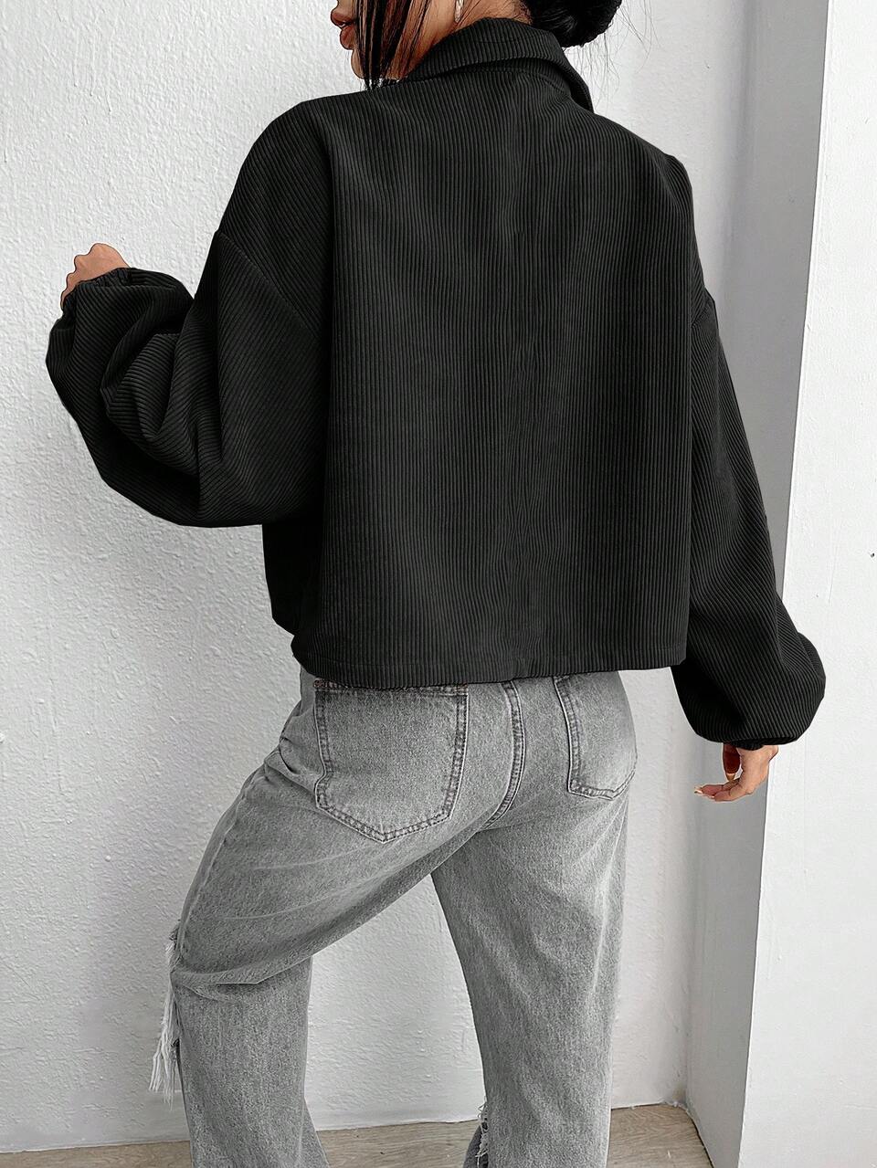 Flap Pocket Drop Shoulder Crop Jacket Without Cami Top In Fall/Winter,Casual