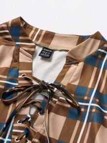 EMERY ROSE Women's Plaid Notch Neck Criss Cross Tie Short Sleeve T-Shirt With Rolled Cuffs For Spring Graphic Tees Women Tops - Brown - View 6