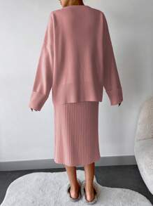 EURMUSE 女式纯色圆领落肩长袖上衣和长款中裙两件套休闲套装，秋季 - 乾枯玫瑰色 - 查看 2