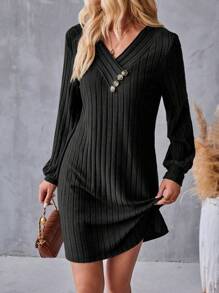SHEIN LUNE Women Solid V-Neck Long Sleeve Button Design Ribbed Casual Short Dress, Autumn