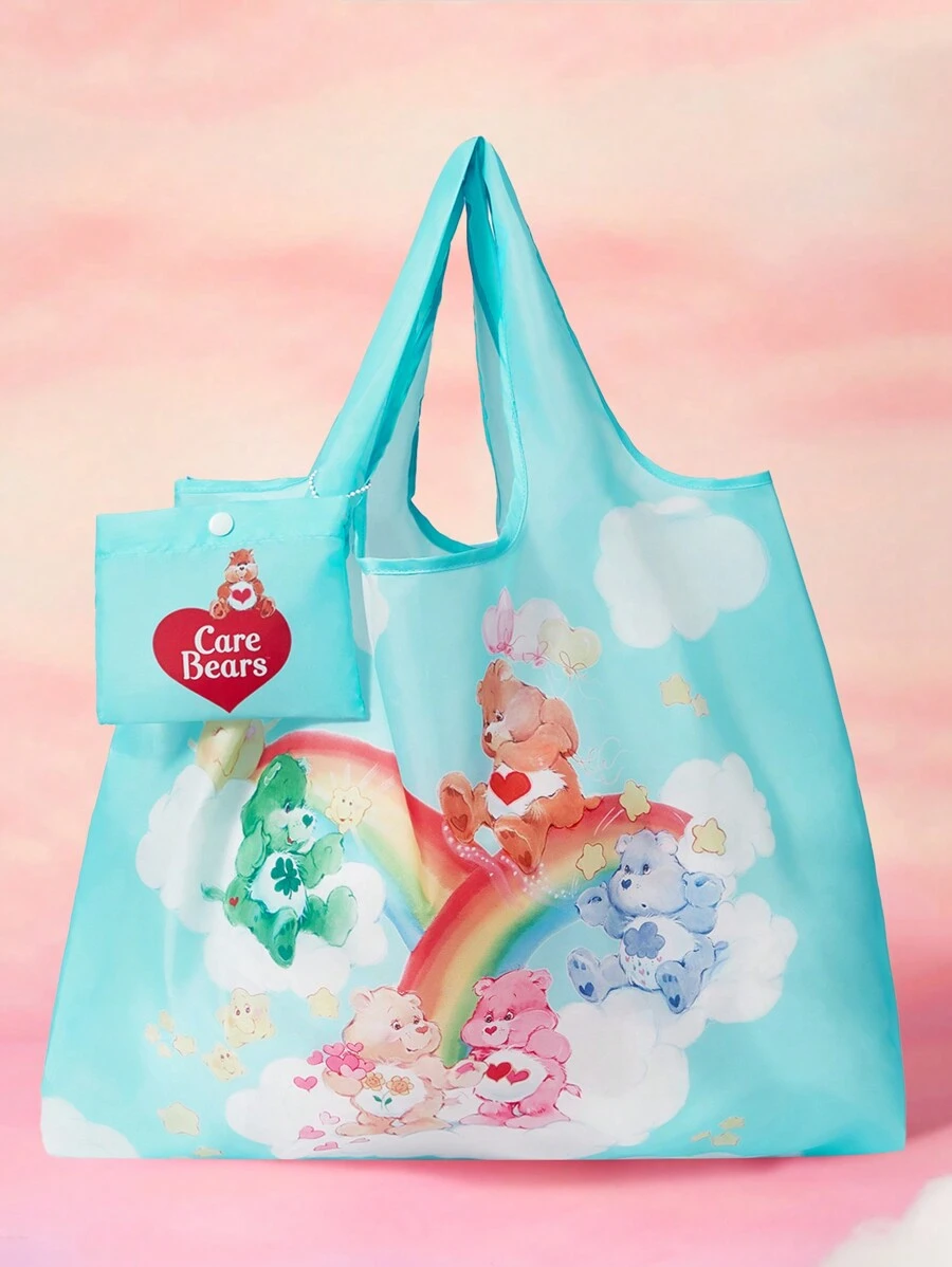 SHEIN X Care Bears 可爱卡通熊与心形印花 RPET 可折叠可重复使用购物手提袋、欢呼熊、睡前熊、温柔熊 - 藍色 - 查看 1