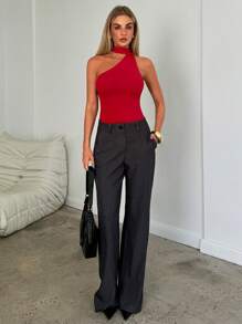 Aloruh Women's Fashion Red Sleeveless Bodysuit For Fall/Winter Cute Outfits Date Prom Party Dinner Travel Holiday Wedding Birthday Festival Sorority Christmas New Years Business Casual Chic Edgy Sexy Modern Young Hot Elegant And Ladylike Backless Red Tie Neck