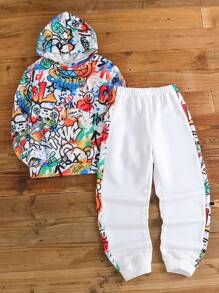 Bộ quần áo nỉ in hình gấu và trò chơi điện tử Graffiti cho bé trai tuổi mới lớn, thích hợp mặc khi đi làm, đi học, cuộc sống hàng ngày, đồ thể thao, mùa thu/đông - trắng - Xem 1