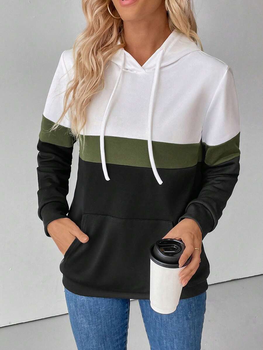 SHEIN LUNE 女士秋季撞色长袖抽绳连帽长款卫衣套头衫 - 彩色 - 查看 1