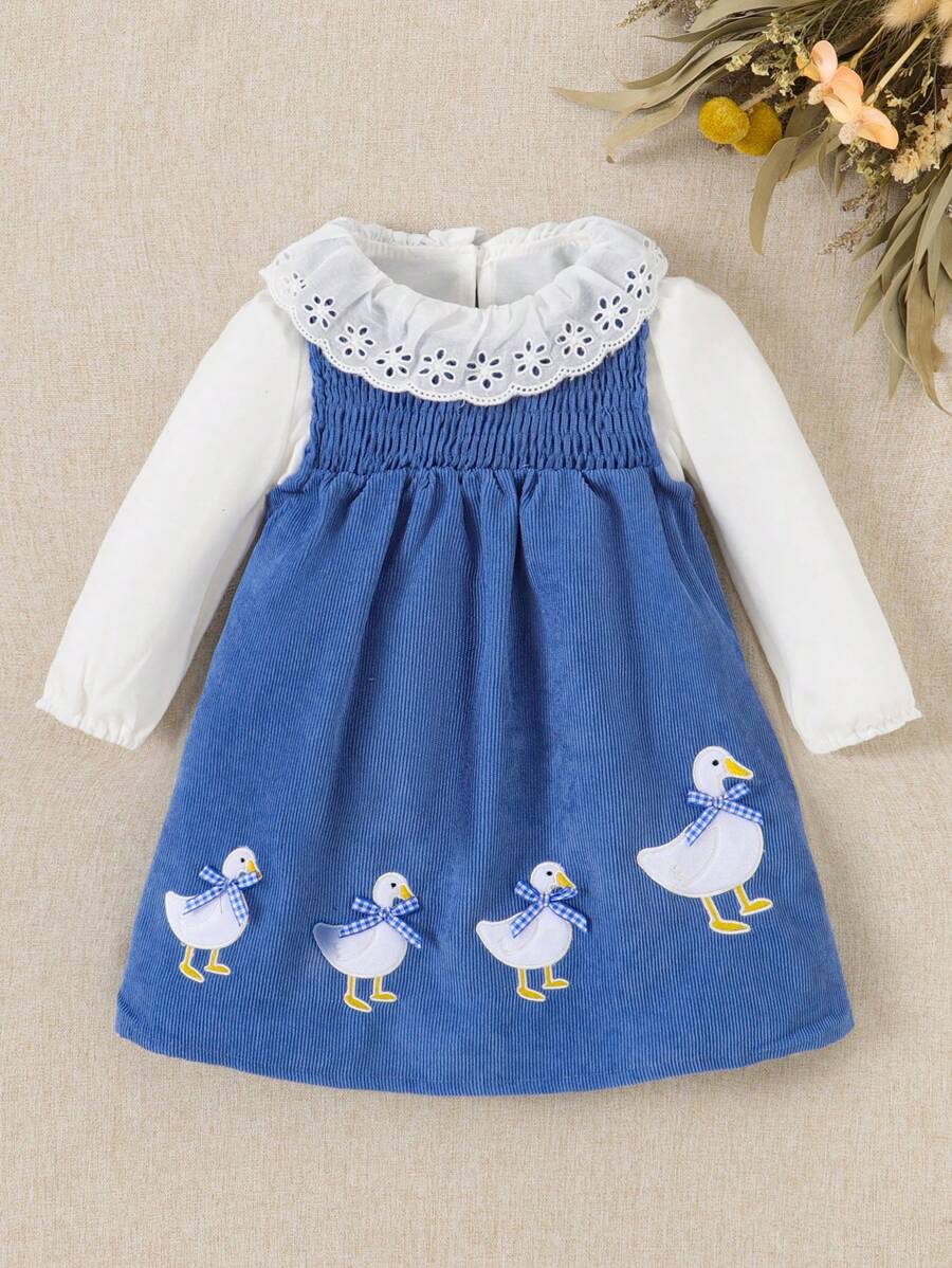 Souflis Souflis Baby Girl Spring & Autumn New Ruffle Collar Long Sleeve T-Shirt, Corduroy Vest & 5-Star Decor Dress 2 Pieces Set, Cute Duck Embroidery