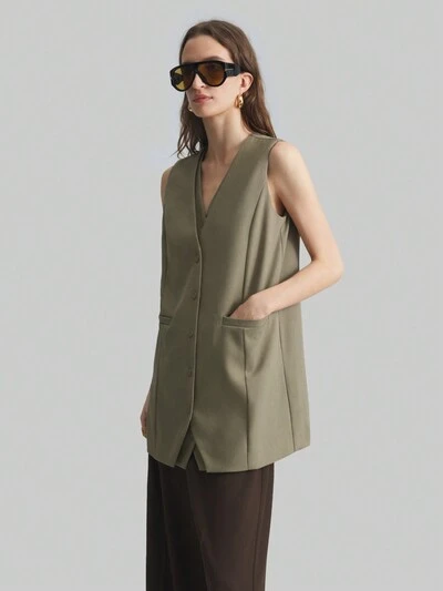 2025 New Women's Olive Green Linen Double Lapel Business Commuting Mid-Length Vest, Suitable For Office Wear