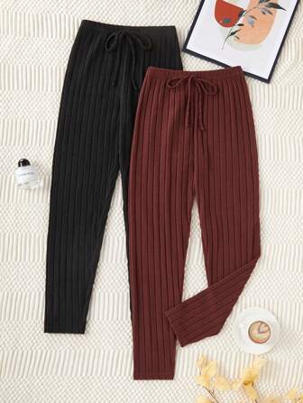2pcs/Set Women Plain Soft Textured Ribbed Knit Loungewear Pants, Comfortable Home