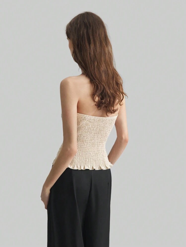 2026SS New Elegant Pleated Strapless Crop Top For Women, Minimalist Chic Urban Stylish Solid Color Layered Ruffle Blouse, Suitable For Wedding Guest, Vacation, Birthday Party, Fashion Versatile Woven Fabric Top