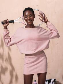 VARSITIE Vestido activo de mujer con cuello redondo, sin espalda, manga larga y cintura para el invierno y la Navidad, con estampado de jacquard en rosa - Rosa - Ver 2
