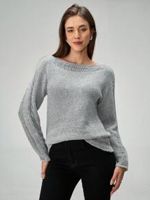 SHEIN Unity 纯色不对称领口休闲百搭长袖针织套头衫，适合秋冬季穿着 - 灰色 - 查看 6