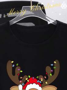 Jongens Rendier Draagt Zonnebril Grafische Kerstversiering Print Ronde Hals Losse T-shirt, Kerst T-shirt
