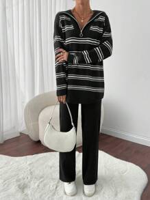 RueChic 2pcs/Set Women Dolman Sleeve Ribbed Zip-Up Ribbed Sweater & Knitting Long Pants Suit, Autumn/Winter - Black - View 6