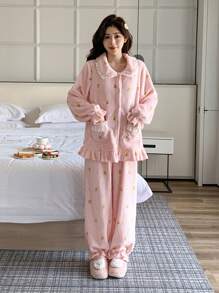 DAZY Striped Floral Textured Plush Ruffled Collar Pajama Set, Thick & Warm - Pink - View 1
