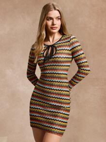 Calvaya Vestido ceñido de manga larga con escote de corbata geométrico y abertura, para mujer