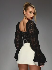 MISSGUIDED Cut-Out Lace Balloon Long Sleeve Corset Blouse
