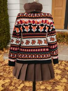 Flirla Suéter de cuello redondo con caída de hombros, con estampado de zorro y hojas, talla grande, para otoño e invierno